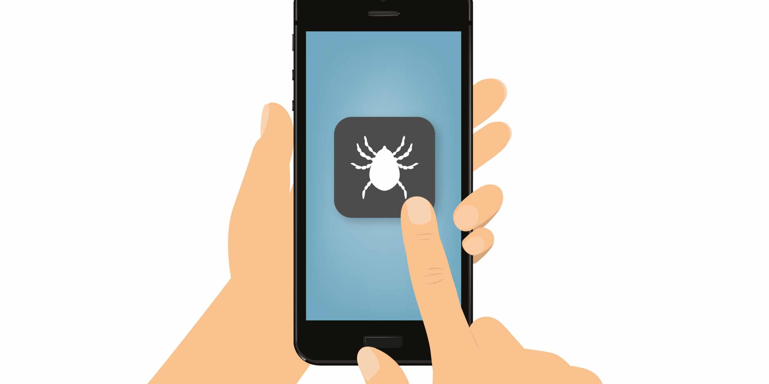 Hand tippt auf Smartphone – Zecke